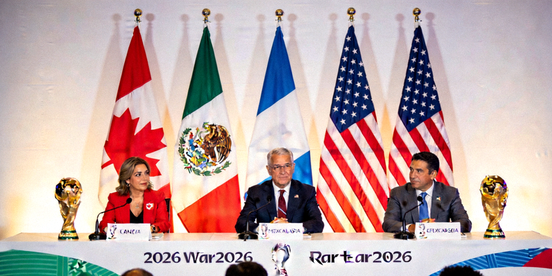 2026世界杯官方新闻发布会现场，背景为三大主办国国旗